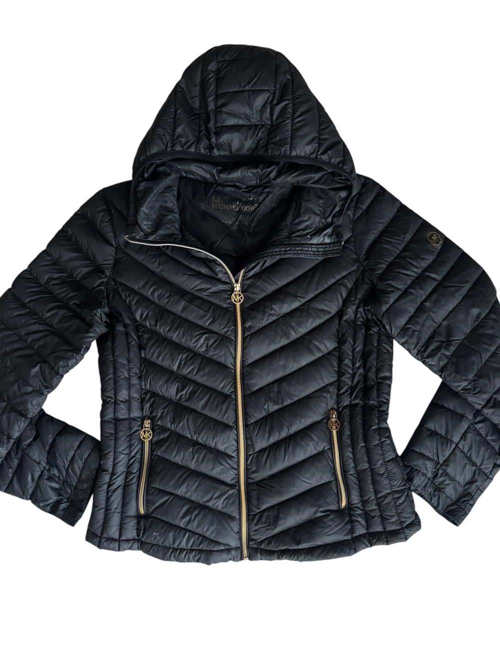 Michael Kors Black Packable Down Puffer Jacket Hooded Womens Large